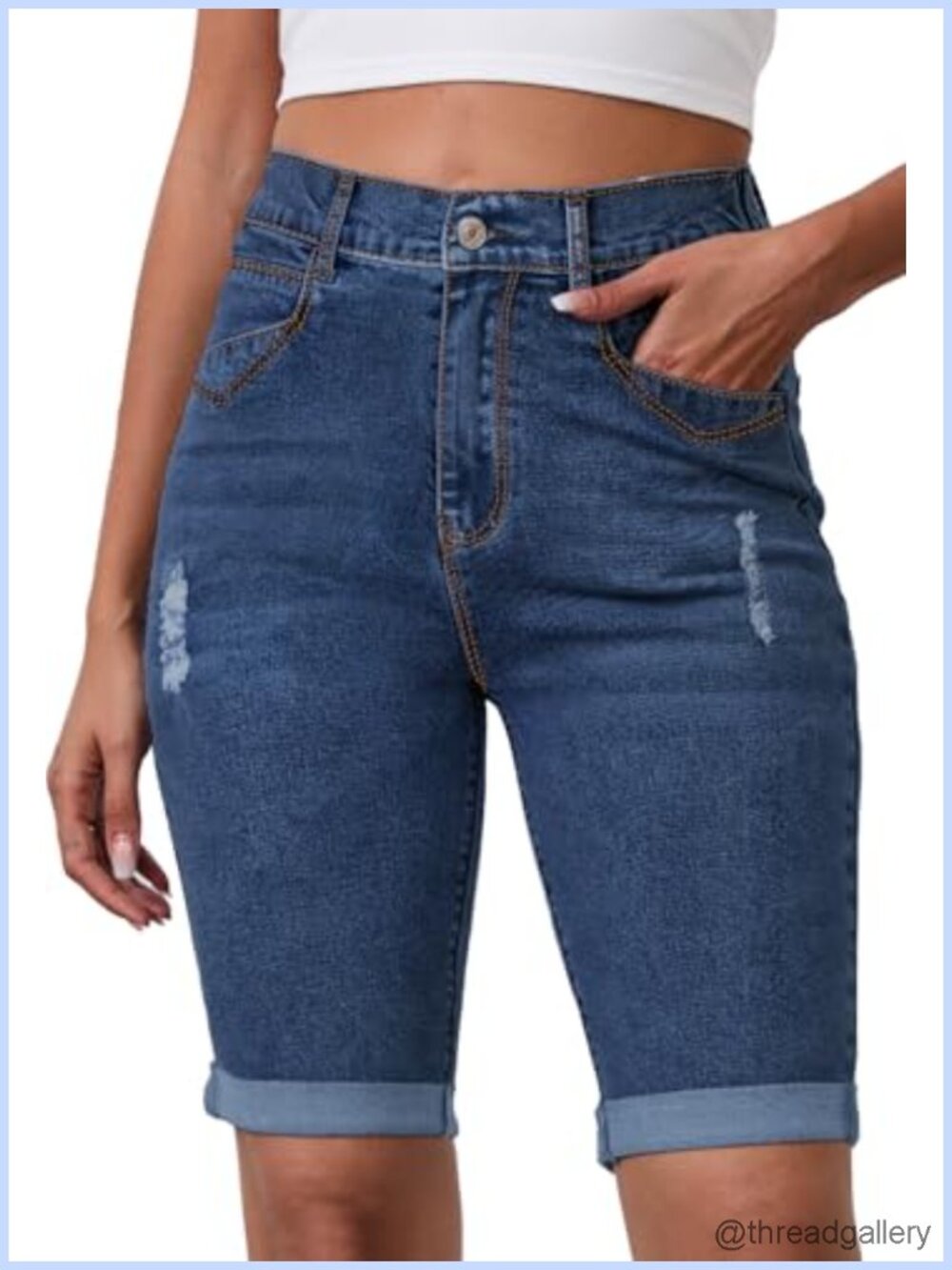 High Waisted Stretchy Denim Bermuda Shorts Summer 10" Inseam Jorts for Women